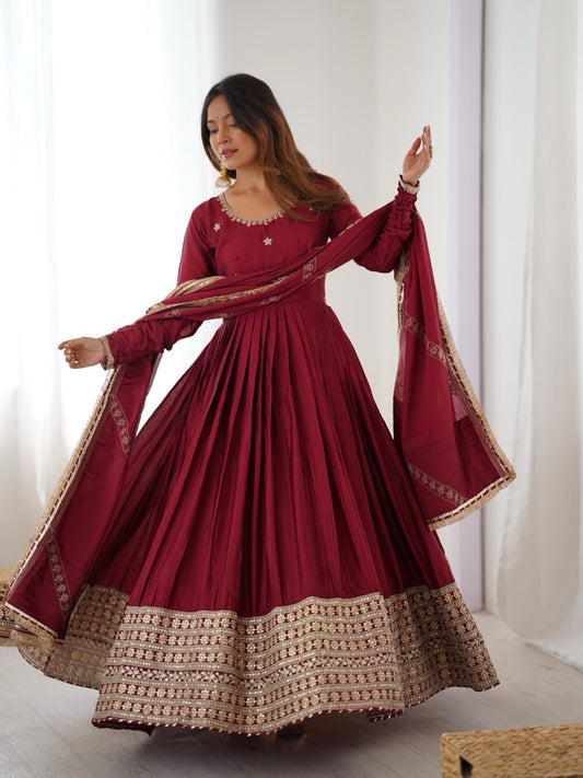 Maroon Trending Anarkali Suit Set for Women - Chinon Silk with Dupatta