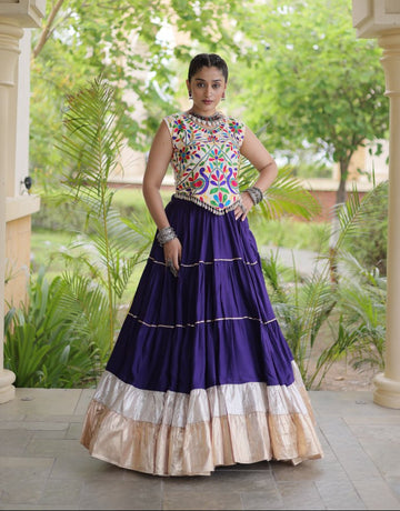 Women's Garba Wear Purple Rayon Fabric Kutchi Work Frill Lehenga Choli