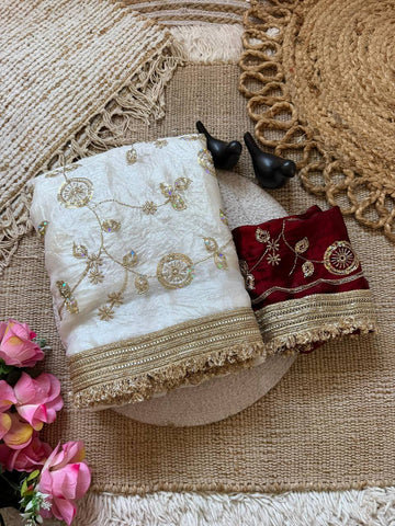 Off-White Pure Fancy Satin Saree with Maroon Floral Sequin Embroidery Blouse & Fringe Lace