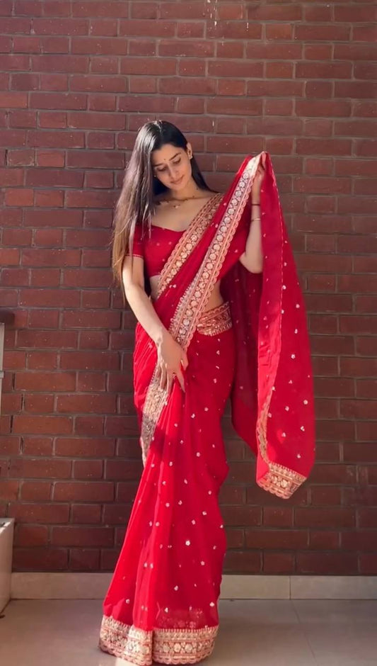 Red Rich Golden Embroidery Border Saree With Full Sleeve Blouse | Perfect for Durga Puja & Karwa Chauth