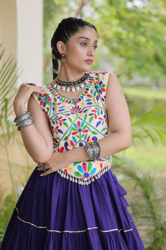 Women's Garba Wear Purple Rayon Fabric Kutchi Work Frill Lehenga Choli