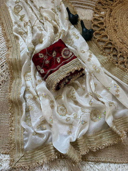 Off-White Pure Fancy Satin Saree with Maroon Floral Sequin Embroidery Blouse & Fringe Lace