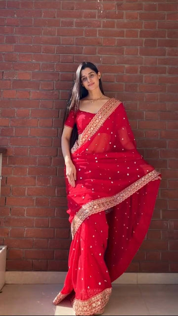 Red Rich Golden Embroidery Border Saree With Full Sleeve Blouse | Perfect for Durga Puja & Karwa Chauth