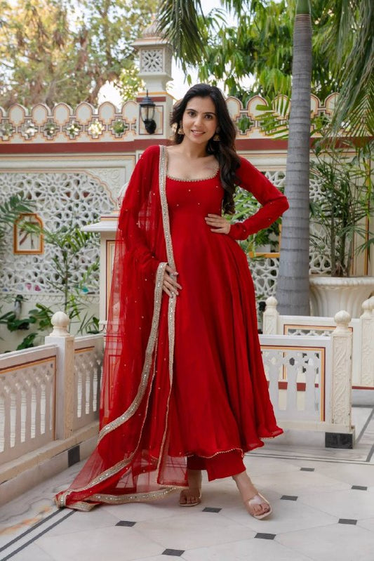 Red Handwork Anarkali Suit Set for Women with Dupatta
