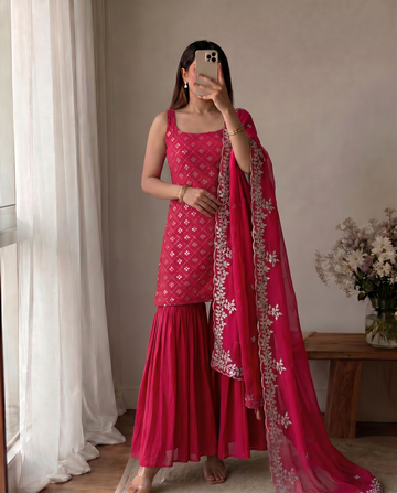Elegant Rani Pink Embroidered Kurta And Sharara Suit Set with Dupatta