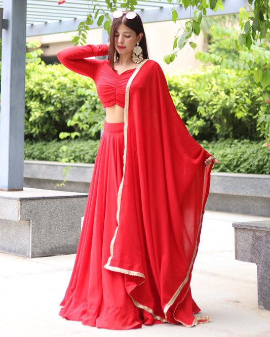 Elegant Pure Soft Georgette Full Stitched Red Lehenga Choli