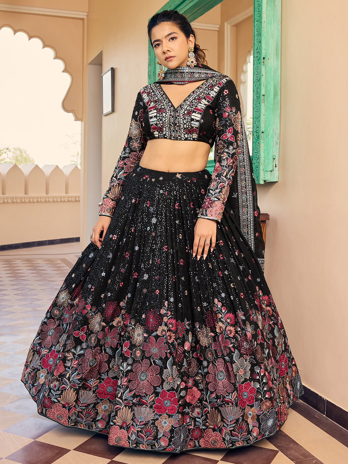 Black Color Georgette Sequence Embroidered Lehenga Choli