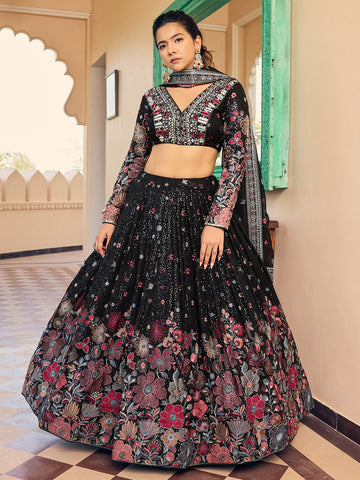 Black Color Georgette Sequence Embroidered Lehenga Choli