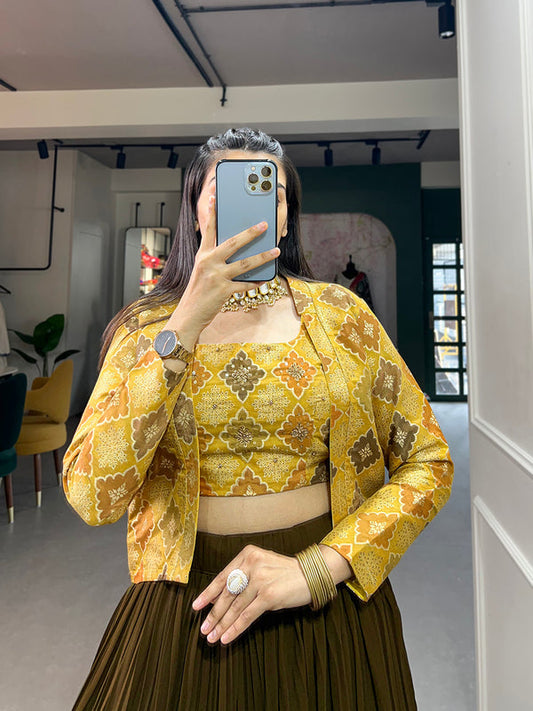 Mehandi Color Plain With Viscose Jacquard Silk Blouse And Koti With Crush Georgette Co-ord Set