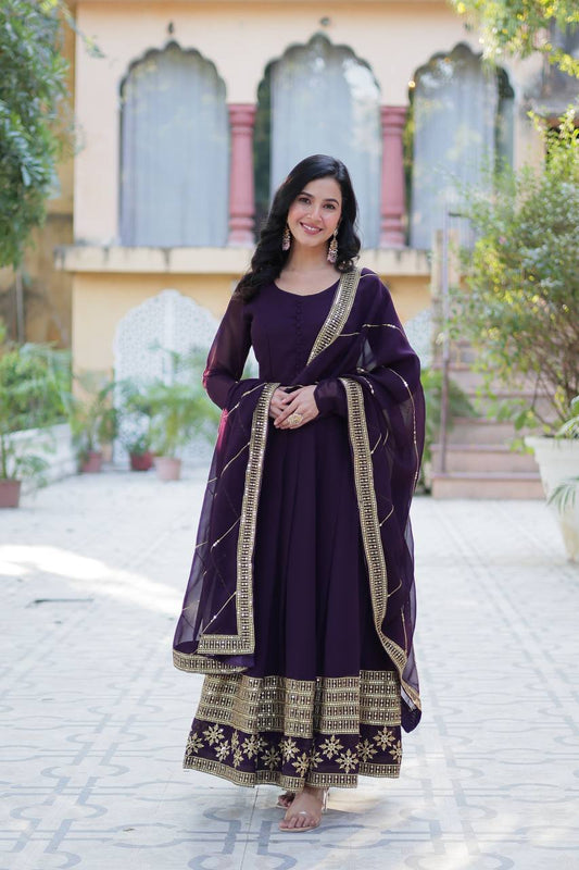 Exclusive Dark Wine Color Attractive Sequence Embroidery Work Gown