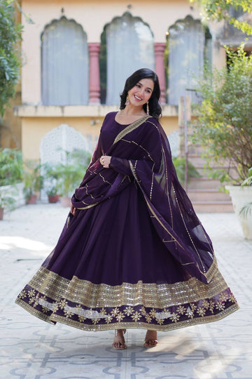Exclusive Dark Wine Color Attractive Sequence Embroidery Work Gown