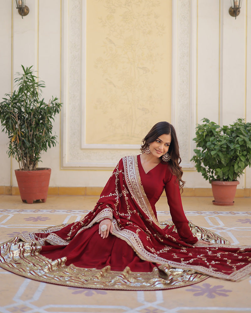 Exclusa Marron Designer Maroon Color Blooming Sequence Embroidery Work Ethnic Gown