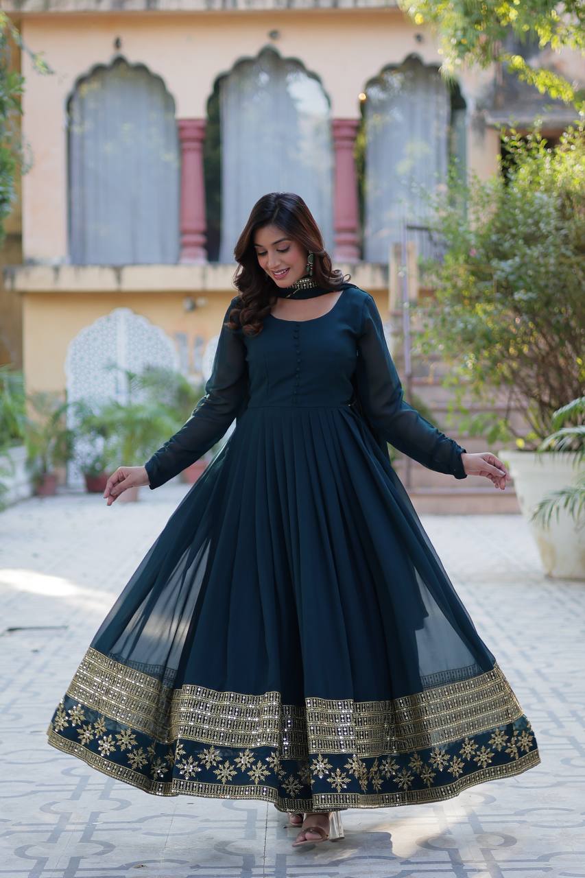 Exclusive Rama Color Attractive Sequence Embroidery Work Gown