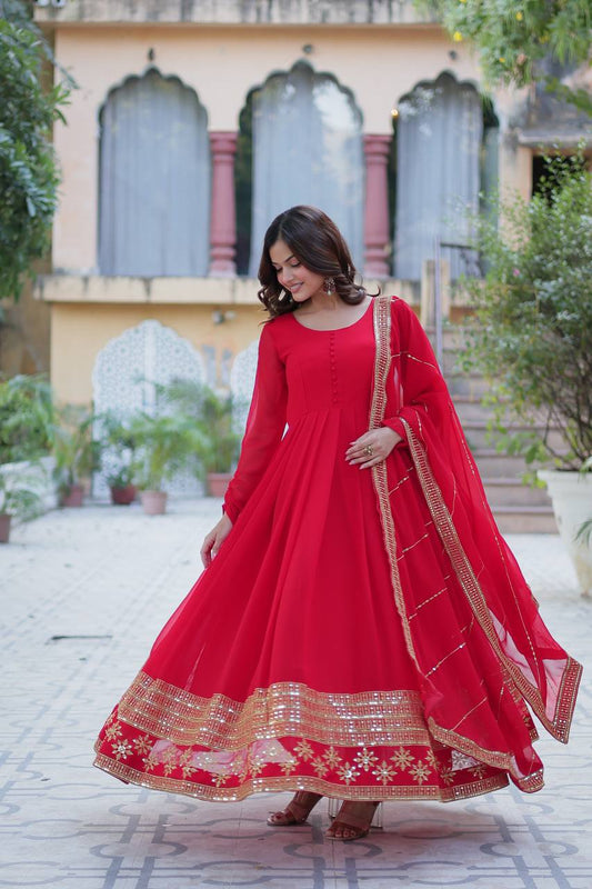 Exclusive Red Color Attractive Sequence Embroidery Work Gown