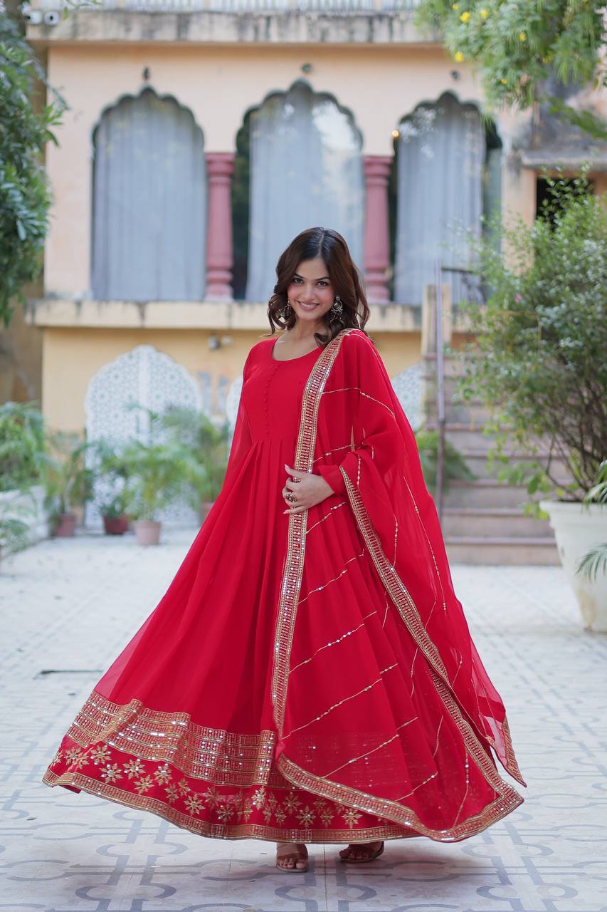 Exclusive Red Color Attractive Sequence Embroidery Work Gown