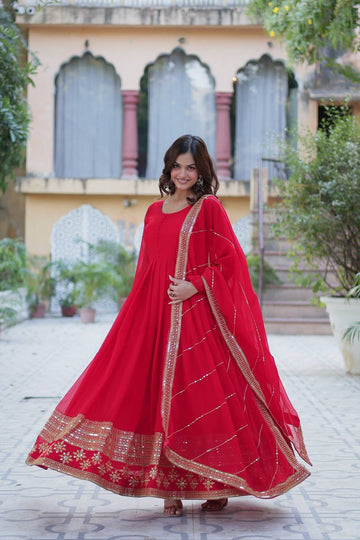 Exclusive Red Color Attractive Sequence Embroidery Work Gown