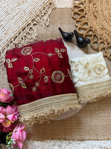 Maroon Red Pure Fancy Satin Saree with Off-White Floral Sequin Embroidery Blouse & Fringe Lace