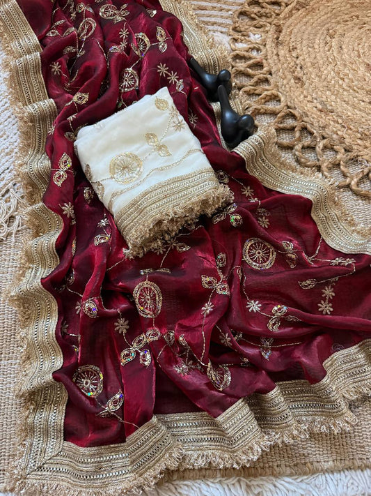 Maroon Red Pure Fancy Satin Saree with Off-White Floral Sequin Embroidery Blouse & Fringe Lace