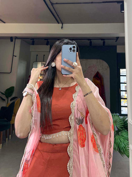 Burnt Color Plain Polyester Viscose Chanderi Lehenga Choli