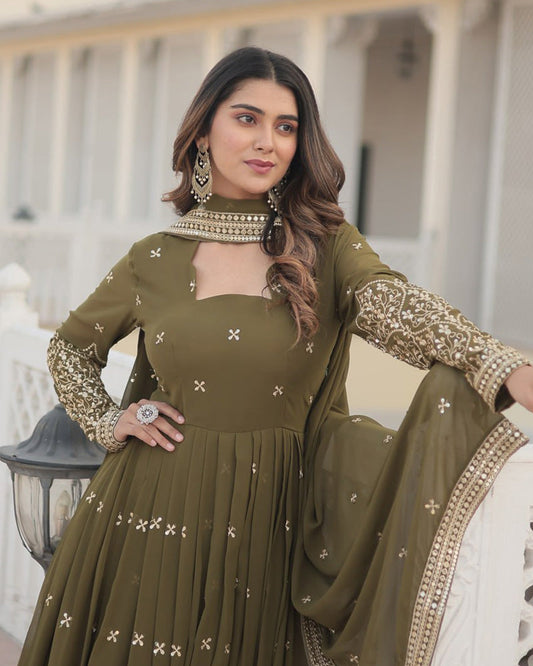 Faux Georgette Mehendi Anarkali Gown With Sequence Embroidery Dupatta