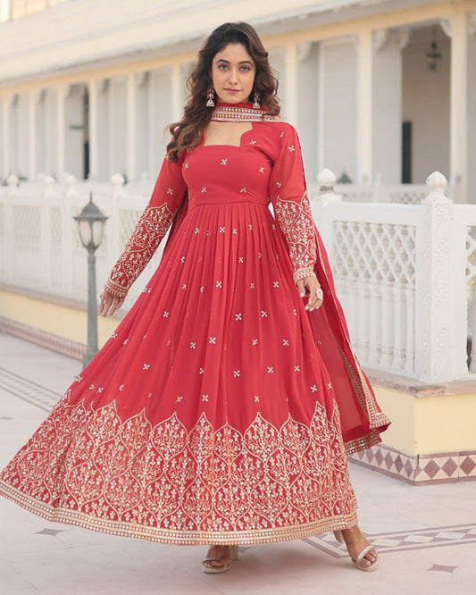 Faux Georgette Red Anarkali Gown With Sequence Embroidery Dupatta