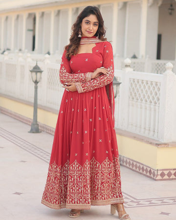 Faux Georgette Red Anarkali Gown With Sequence Embroidery Dupatta