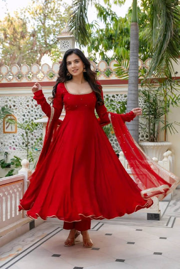 Red Handwork Anarkali Suit Set for Women with Dupatta