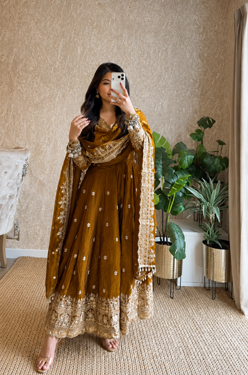 Gold Embroidered Anarkali Suit Set for Women with Dupatta
