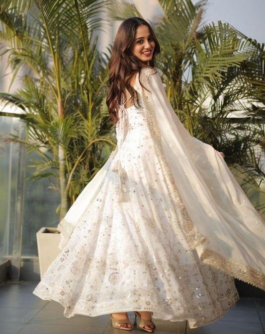 White Trendy Embroidered Anarkali Suit Set for Women with Dupatta