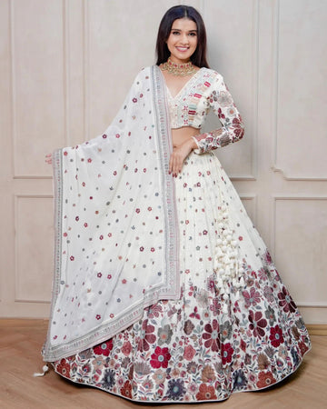 White Color Georgette Sequence Embroidered Lehenga Choli