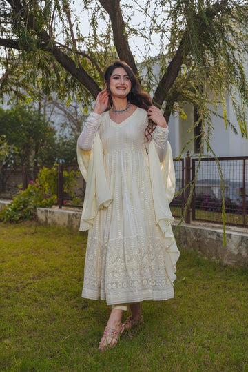 Off White Georgette Embroidered Gown Anarkali Suit Set With Dupatta