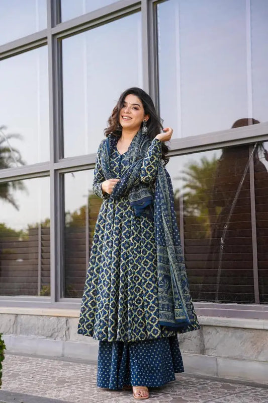 Glorious Blue Color Soft Cotton Anarkali Suit With palazzo Set