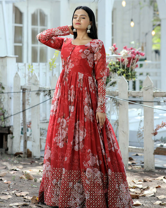 Georgette Designer Red Color Indian Gown