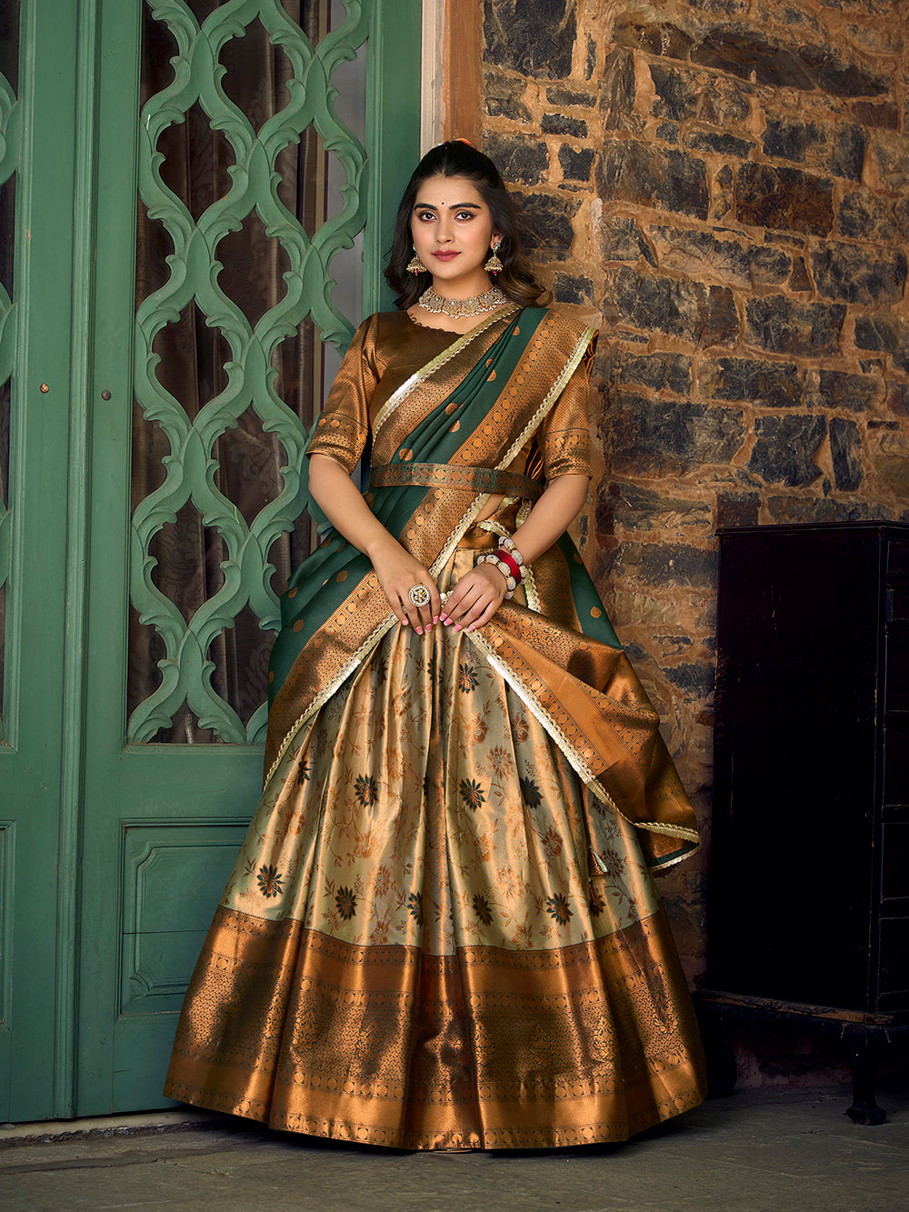 Green Color Zari Weaving Work Jacquard Silk Lehenga Choli