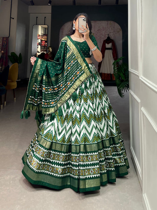 Green Color Leheriya With Foil Work Tussar Silk Lehenga Choli