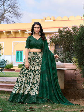 Green Color Floral Print With Foil Work Tussar Silk Lehenga Choli