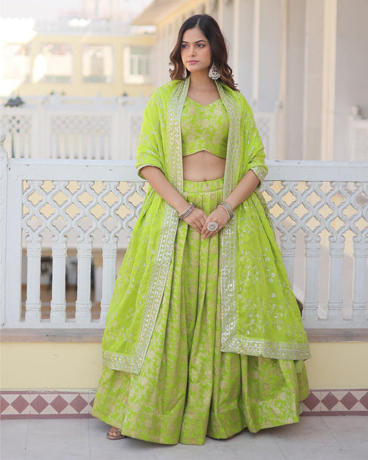 Pure Viscose Jacquard Green Lehenga Choli