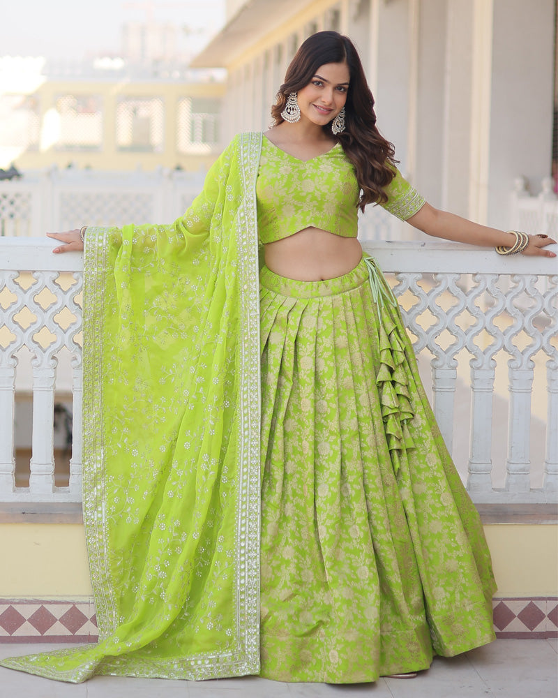 Pure Viscose Jacquard Green Lehenga Choli