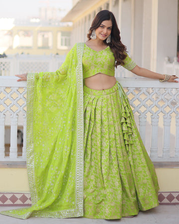 Pure Viscose Jacquard Green Lehenga Choli