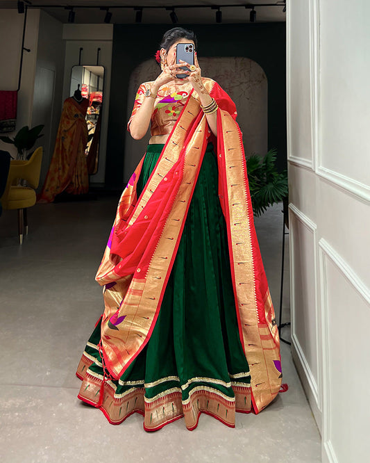 Green Color Vichitra Silk Jacquard Paithani Silk Lehenga Choli