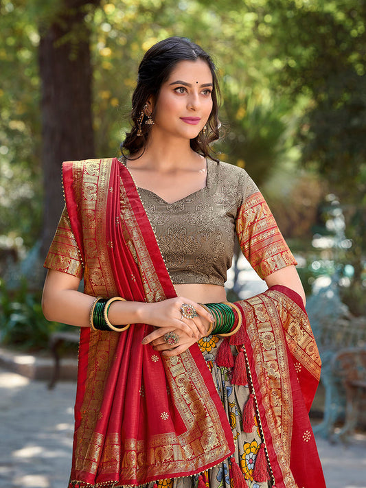 Grey Color Kalamkari Print With Foil Work Tussar Silk Lehenga Choli