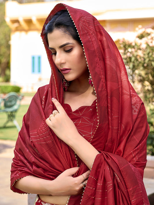 Red Color Floral Print With Foil Work Tussar Silk Lehenga Choli