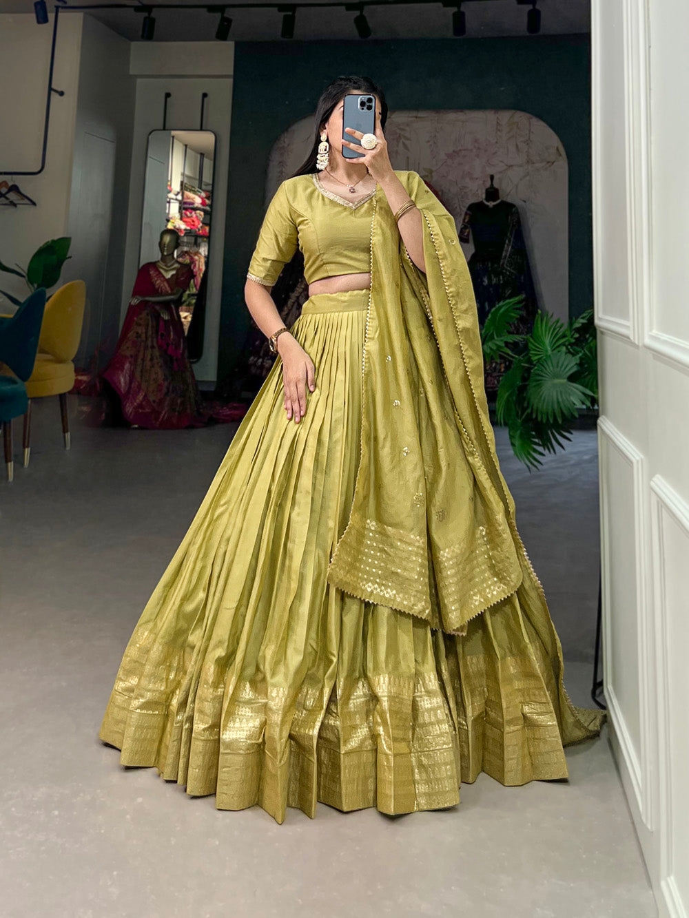 Pista Color Plain With Zari Weaving Work Border Chanderi Women Lehenga Choli