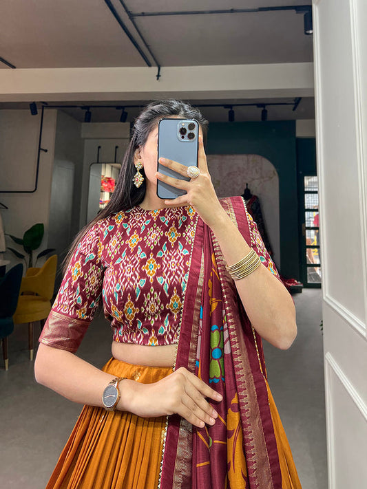 Mustard Color Print With Foil Work Tussar Silk Lehenga Choli