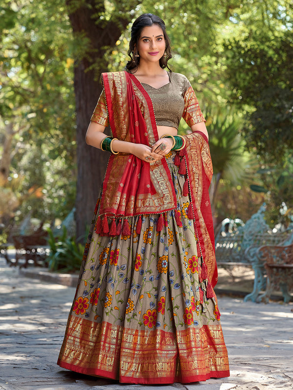 Grey Color Kalamkari Print With Foil Work Tussar Silk Lehenga Choli