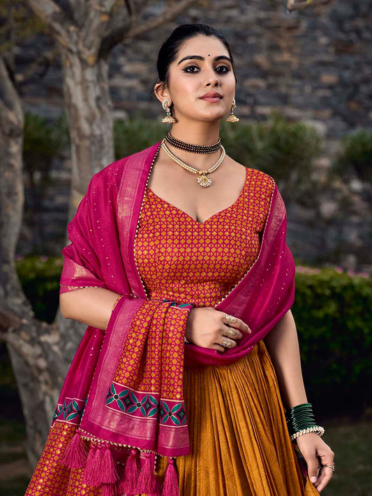 Mustard Color Floral Print With Foil Print Tussar Silk Lehenga Choli