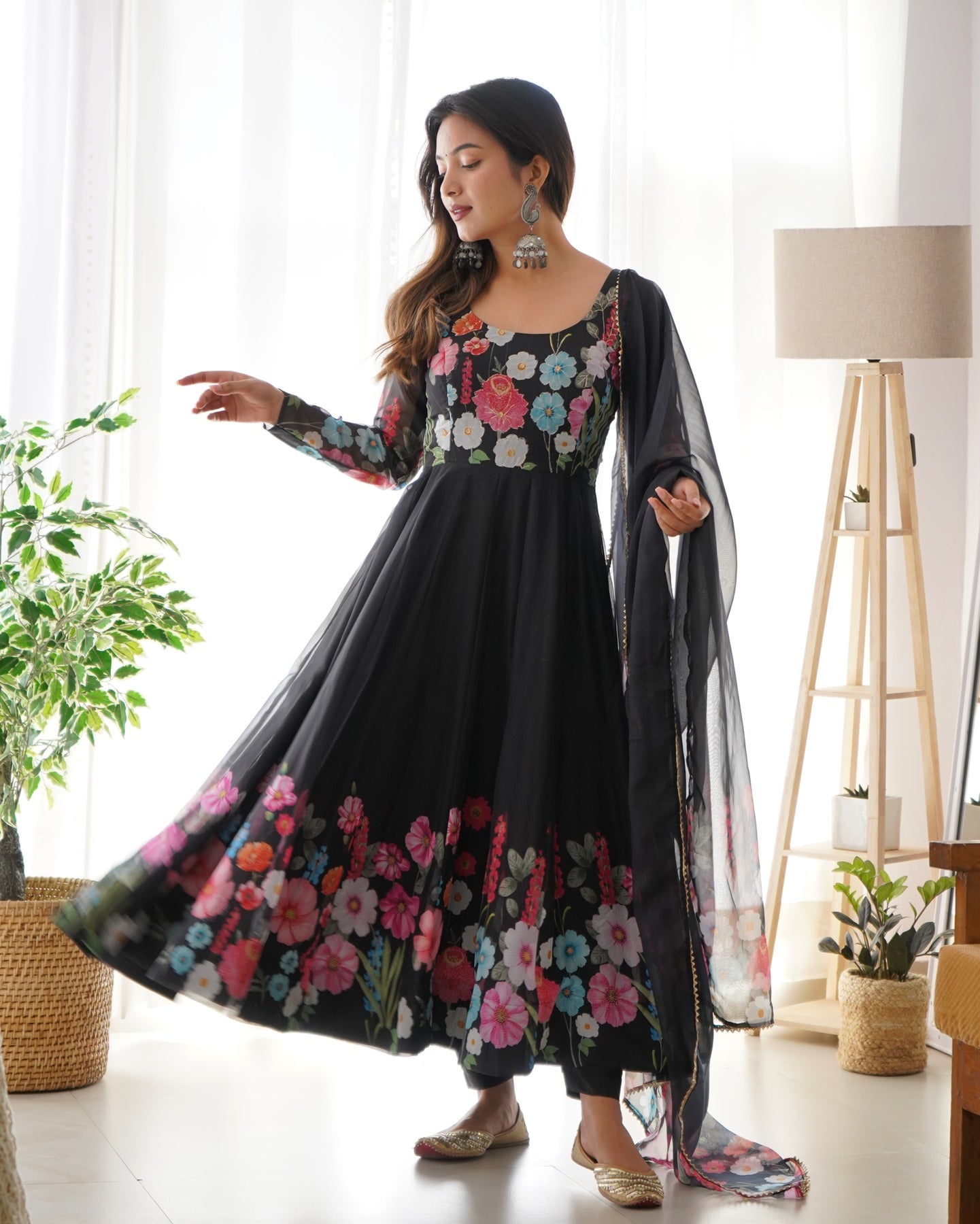 Digitally Printed & Embroidered Yoke Pure Soft Organza Anarkali Suit With Huge Flair Comes With Dupatta