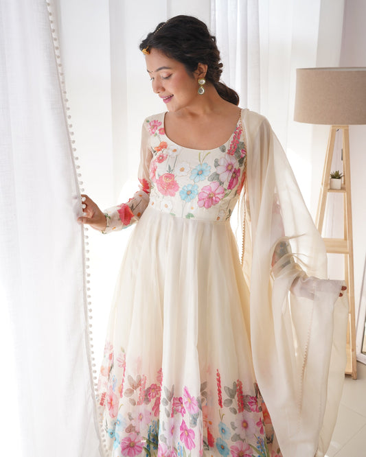 Digitally Printed & Embroidered Yoke Pure Soft Organza Anarkali Suit With Huge Flair Comes With Dupatta