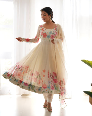 Digitally Printed & Embroidered Yoke Pure Soft Organza Anarkali Suit With Huge Flair Comes With Dupatta