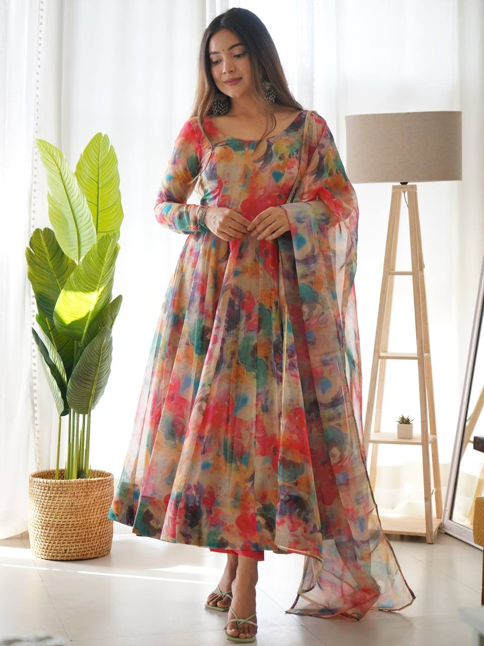 Digitally Printed Pure Soft Organza Anarkali Suit With Huge Flair Comes With Dupatta & Pant